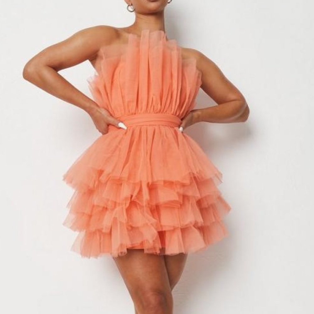 Orange Tulle Ruffle Bandeau Mini Dress